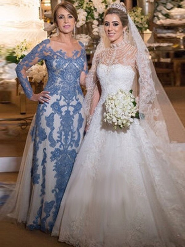 Allison Sheath/Column Tulle Lace Scoop Long Sleeves Sweep/Brush Train Mother of the Bride Dresses DJP0020371