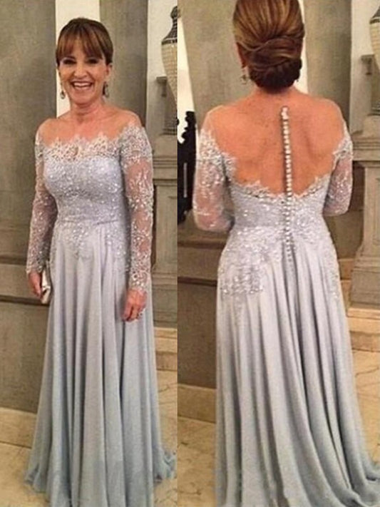 Angelica A-Line/Princess Chiffon Lace Scoop Long Sleeves Sweep/Brush Train Mother of the Bride Dresses DJP0020372
