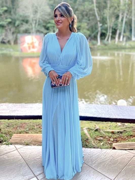 Lana A-Line/Princess Chiffon Ruffles V-neck Long Sleeves Floor-Length Mother of the Bride Dresses DJP0020376