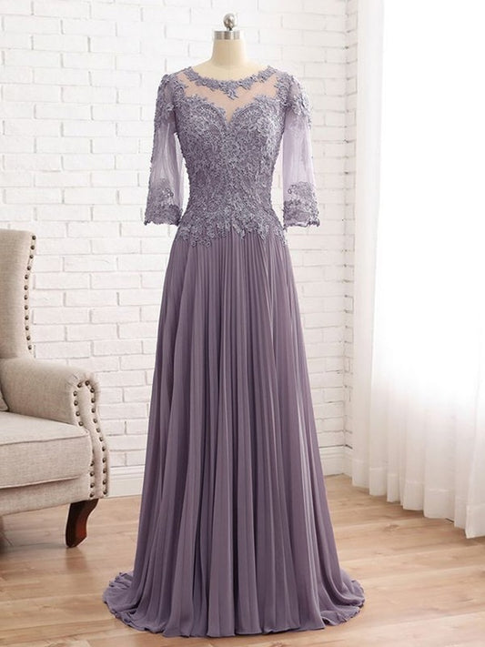 Aryanna A-Line/Princess Chiffon Lace Scoop 3/4 Sleeves Sweep/Brush Train Mother of the Bride Dresses DJP0020455
