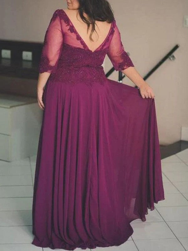 Emilia A-Line/Princess Chiffon Applique Scoop 3/4 Sleeves Floor-Length Mother of the Bride Dresses DJP0020289