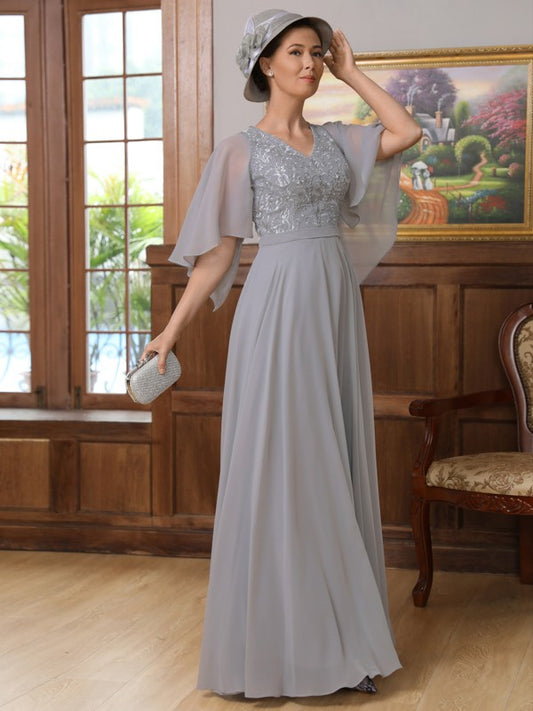 Laney A-Line/Princess Chiffon Applique V-neck 1/2 Sleeves Floor-Length Mother of the Bride Dresses DJP0020334