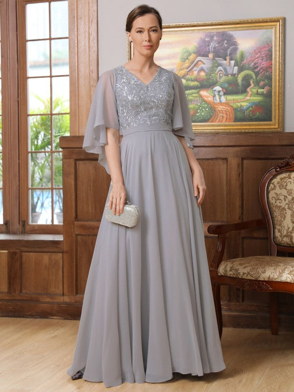 Laney A-Line/Princess Chiffon Applique V-neck 1/2 Sleeves Floor-Length Mother of the Bride Dresses DJP0020334