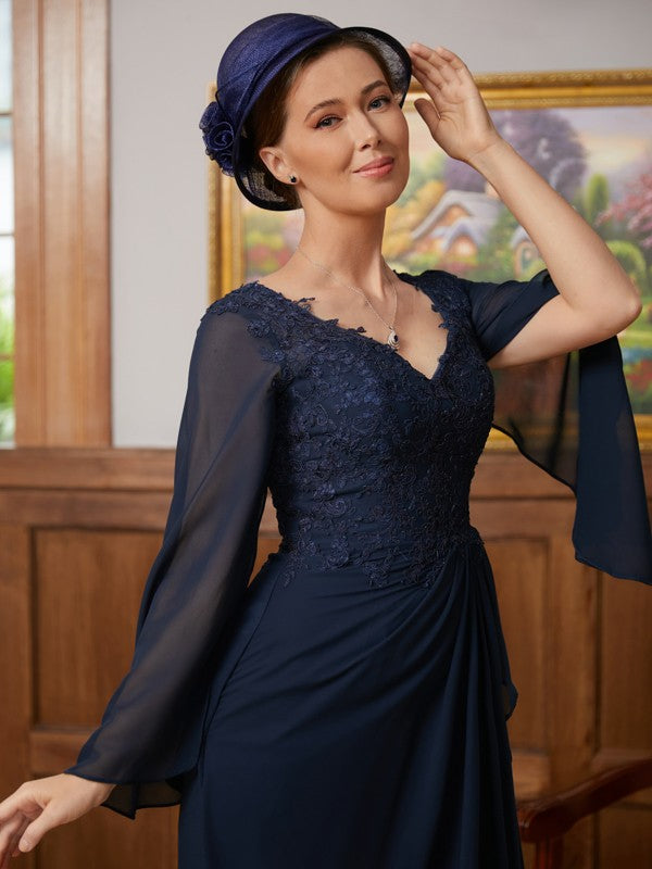 Michaelia A-Line/Princess Chiffon Applique V-neck Long Sleeves Floor-Length Mother of the Bride Dresses DJP0020335
