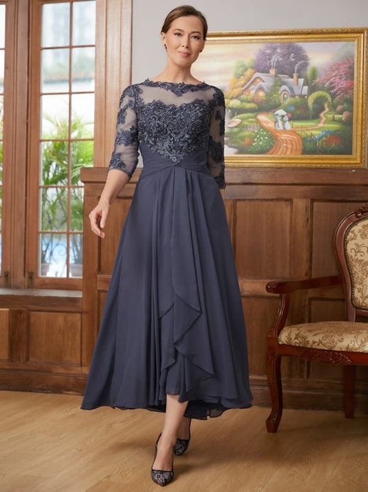 Chaya A-Line/Princess Chiffon Applique Scoop 3/4 Sleeves Asymmetrical Mother of the Bride Dresses DJP0020346