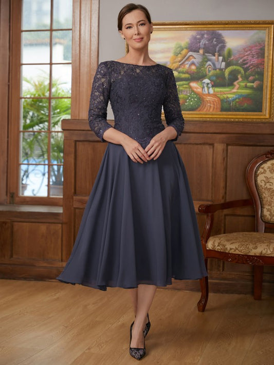 Aubrey A-Line/Princess Chiffon Lace Scoop 3/4 Sleeves Tea-Length Mother of the Bride Dresses DJP0020347