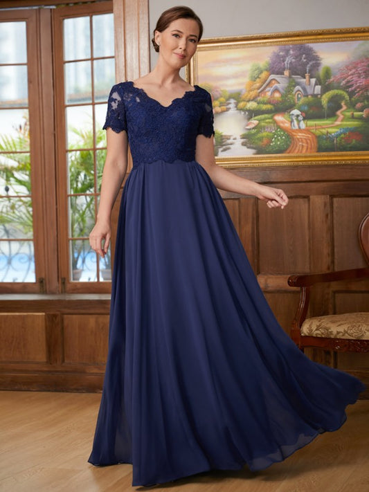 Caylee A-Line/Princess Chiffon Lace V-neck Short Sleeves Floor-Length Mother of the Bride Dresses DJP0020311