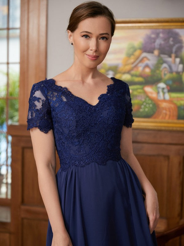 Caylee A-Line/Princess Chiffon Lace V-neck Short Sleeves Floor-Length Mother of the Bride Dresses DJP0020311