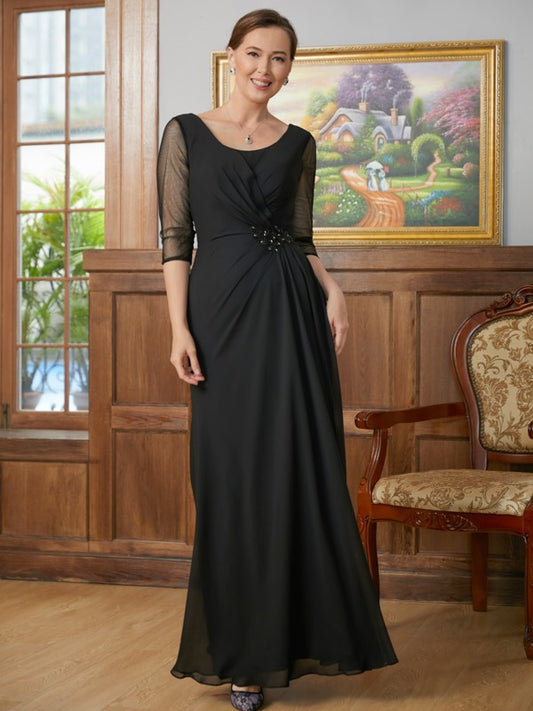 Aryana A-Line/Princess Chiffon Ruched Scoop 3/4 Sleeves Floor-Length Mother of the Bride Dresses DJP0020336