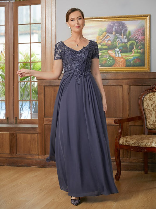 Kamora A-Line/Princess Chiffon Applique V-neck Short Sleeves Floor-Length Mother of the Bride Dresses DJP0020337