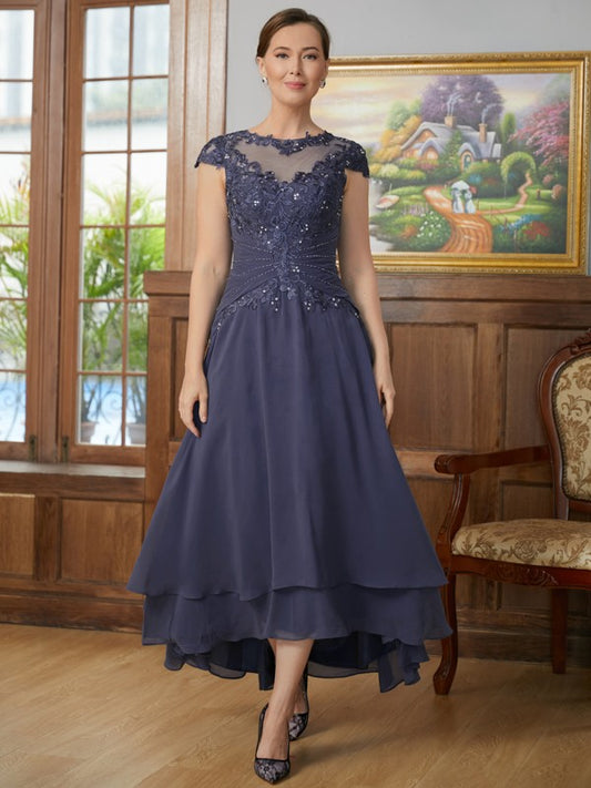 Heidi A-Line/Princess Chiffon Applique Scoop Short Sleeves Asymmetrical Mother of the Bride Dresses DJP0020307