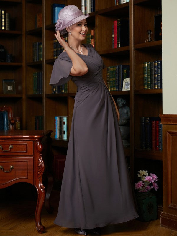 Nicky A-Line/Princess Chiffon Ruched V-neck Short Sleeves Floor-Length Mother of the Bride Dresses DJP0020304
