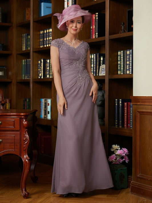 Eleanor Sheath/Column Chiffon Lace V-neck Short Sleeves Floor-Length Mother of the Bride Dresses DJP0020339