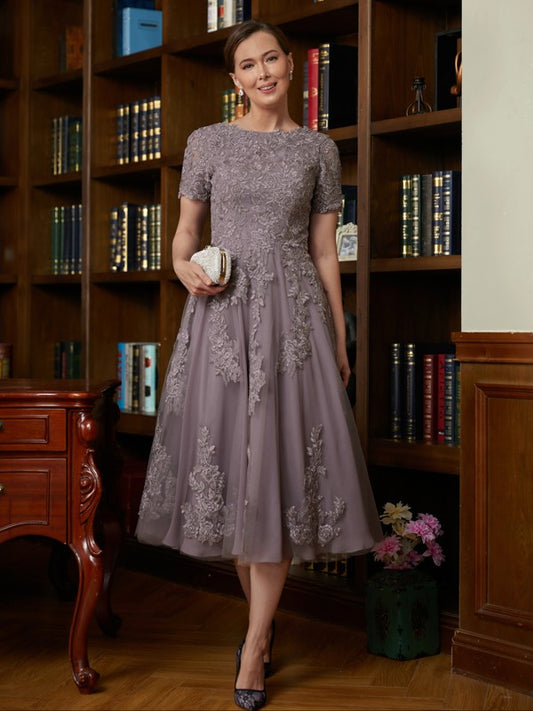 Sanai A-Line/Princess Chiffon Lace Scoop Short Sleeves Tea-Length Mother of the Bride Dresses DJP0020302