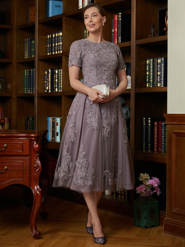 Sanai A-Line/Princess Chiffon Lace Scoop Short Sleeves Tea-Length Mother of the Bride Dresses DJP0020302
