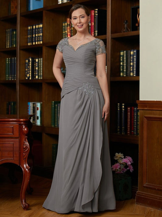 Jazlynn A-Line/Princess Chiffon Applique Sweetheart Short Sleeves Floor-Length Mother of the Bride Dresses DJP0020328