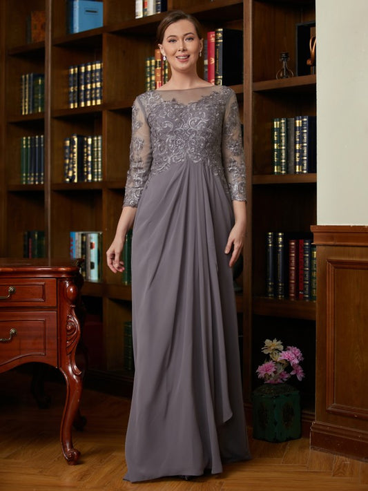 Emilia A-Line/Princess Chiffon Lace Scoop 3/4 Sleeves Floor-Length Mother of the Bride Dresses DJP0020341
