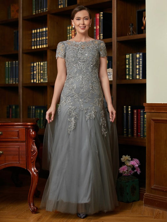 Sibyl A-Line/Princess Tulle Lace Scoop Short Sleeves Floor-Length Mother of the Bride Dresses DJP0020310