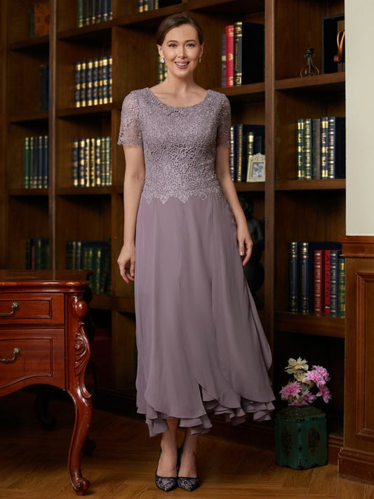 Iyana A-Line/Princess Chiffon Lace Scoop Short Sleeves Ankle-Length Mother of the Bride Dresses DJP0020353