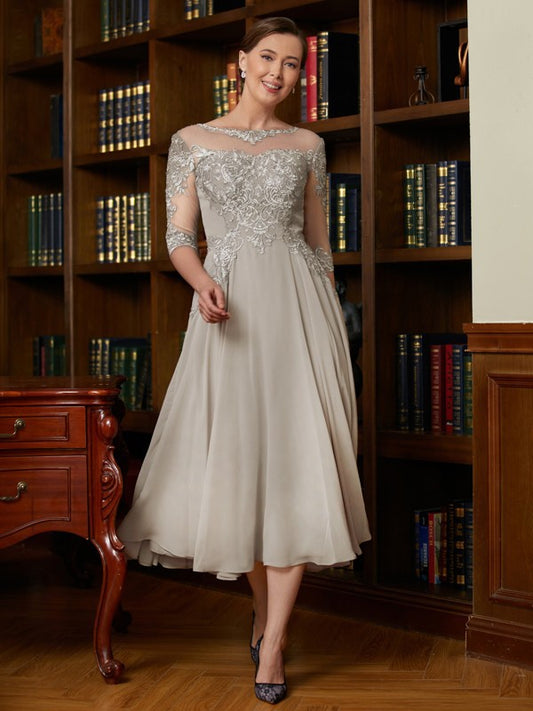 Bella A-Line/Princess Chiffon Lace Scoop 3/4 Sleeves Tea-Length Mother of the Bride Dresses DJP0020300