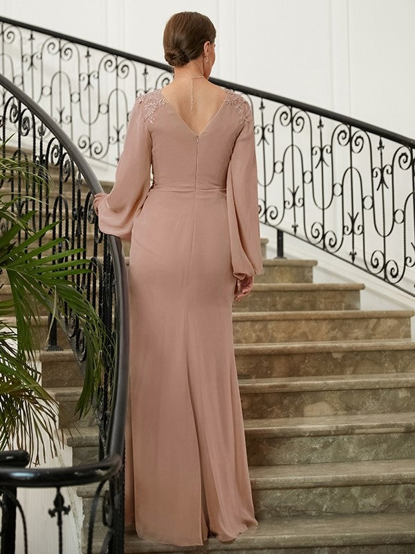 Violet A-Line/Princess Chiffon Applique V-neck Long Sleeves Floor-Length Mother of the Bride Dresses DJP0020313