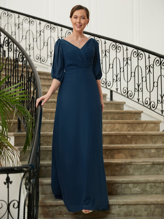 Renata A-Line/Princess Chiffon Ruched V-neck 1/2 Sleeves Floor-Length Mother of the Bride Dresses DJP0020344
