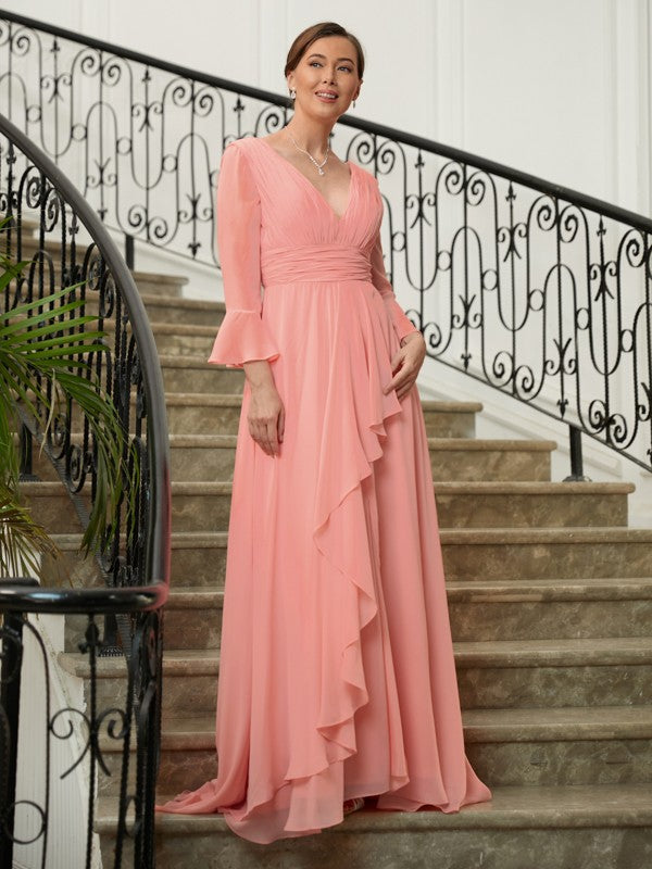 Melina A-Line/Princess Chiffon Ruched V-neck Long Sleeves Sweep/Brush Train Mother of the Bride Dresses DJP0020305