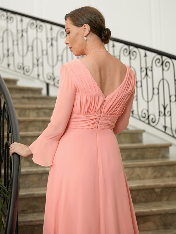 Melina A-Line/Princess Chiffon Ruched V-neck Long Sleeves Sweep/Brush Train Mother of the Bride Dresses DJP0020305
