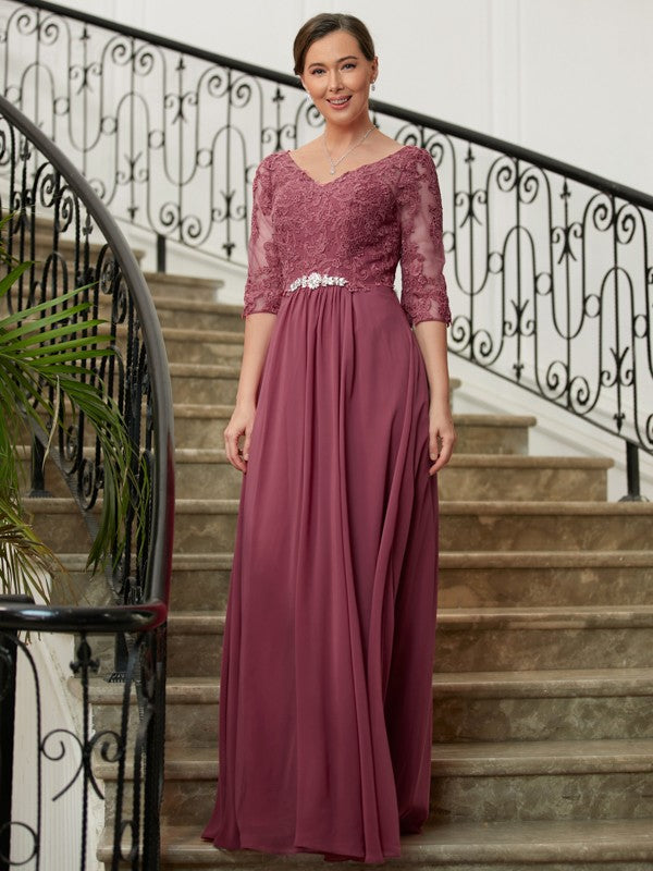 Rosalyn A-Line/Princess Chiffon Lace V-neck 3/4 Sleeves Floor-Length Mother of the Bride Dresses DJP0020306