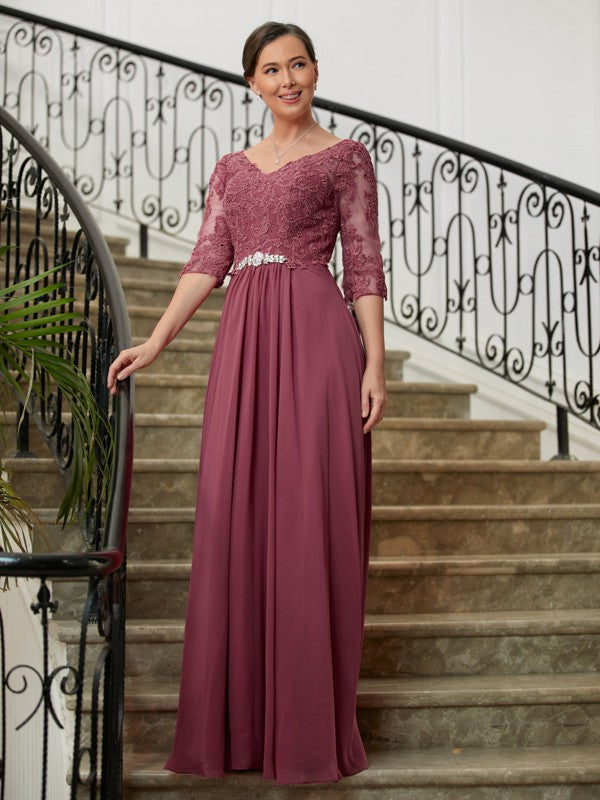 Rosalyn A-Line/Princess Chiffon Lace V-neck 3/4 Sleeves Floor-Length Mother of the Bride Dresses DJP0020306