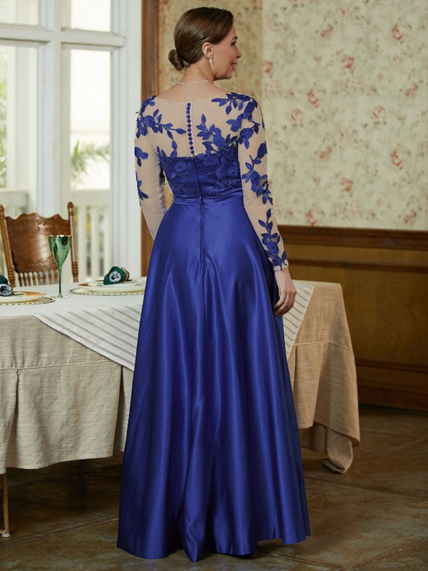 Cameron A-Line/Princess Satin Applique V-neck Long Sleeves Floor-Length Mother of the Bride Dresses DJP0020358