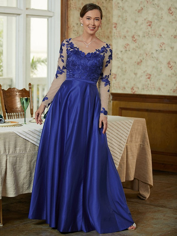 Cameron A-Line/Princess Satin Applique V-neck Long Sleeves Floor-Length Mother of the Bride Dresses DJP0020358