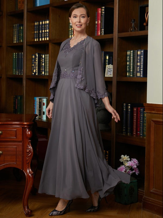 Sarah A-Line/Princess Chiffon Applique V-neck Sleeveless Ankle-Length Mother of the Bride Dresses DJP0020365