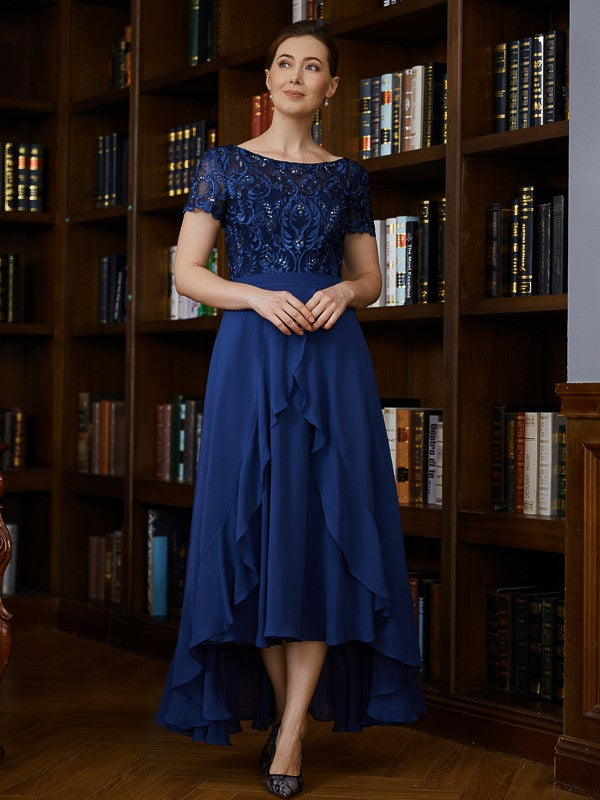 Maritza A-Line/Princess Chiffon Applique Bateau Short Sleeves Asymmetrical Mother of the Bride Dresses DJP0020281