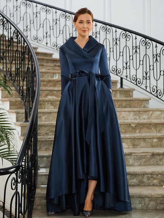 Patsy A-Line/Princess Satin Ruched V-neck Long Sleeves Asymmetrical Mother of the Bride Dresses DJP0020274