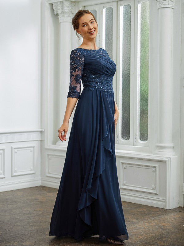 Willow A-Line/Princess Chiffon Applique Bateau 3/4 Sleeves Floor-Length Mother of the Bride Dresses DJP0020276