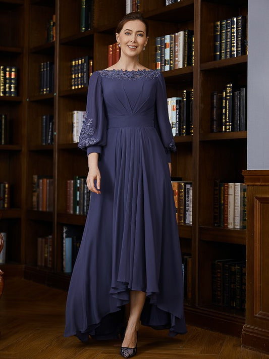 Yareli A-Line/Princess Chiffon Ruched Bateau 3/4 Sleeves Asymmetrical Mother of the Bride Dresses DJP0020265