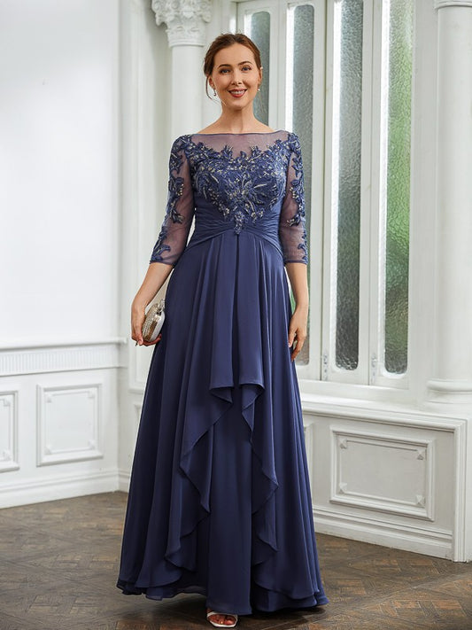 Kierra A-Line/Princess Chiffon Applique Bateau 3/4 Sleeves Floor-Length Mother of the Bride Dresses DJP0020266