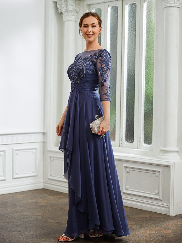 Kierra A-Line/Princess Chiffon Applique Bateau 3/4 Sleeves Floor-Length Mother of the Bride Dresses DJP0020266