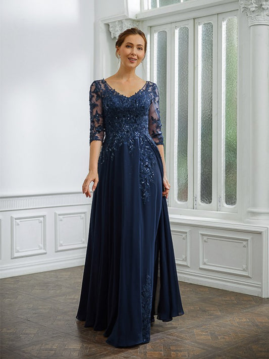 Melinda A-Line/Princess Chiffon Applique V-neck 3/4 Sleeves Floor-Length Mother of the Bride Dresses DJP0020267