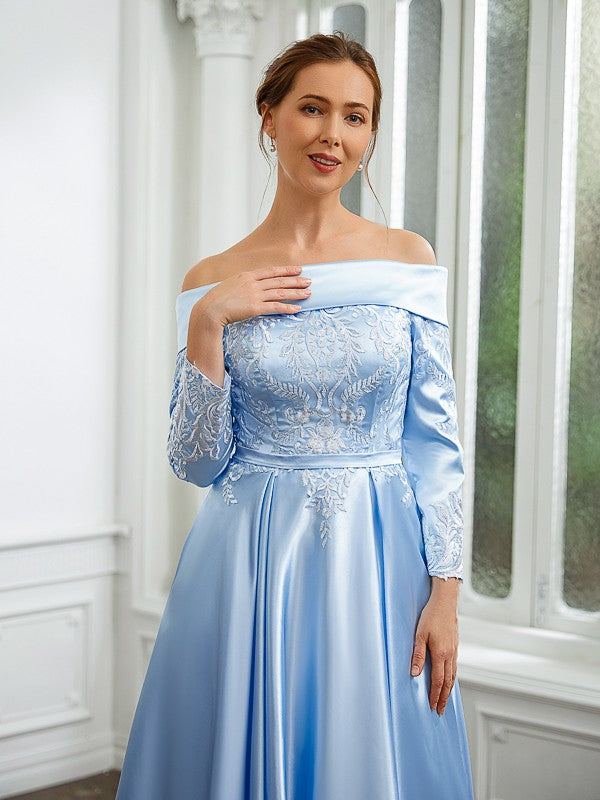 Saniya A-Line/Princess Elastic Woven Satin Ruched Off-the-Shoulder Long Sleeves Tea-Length Mother of the Bride Dresses DJP0020269