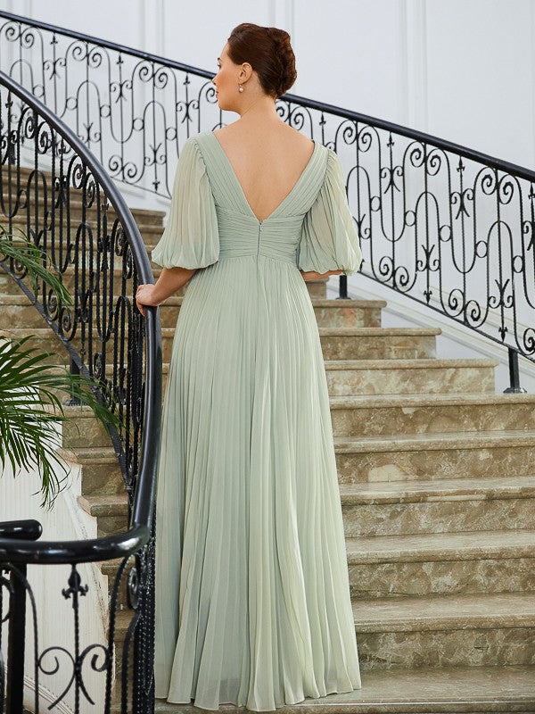 Sanaa A-Line/Princess Chiffon Ruched V-neck 1/2 Sleeves Floor-Length Mother of the Bride Dresses DJP0020271