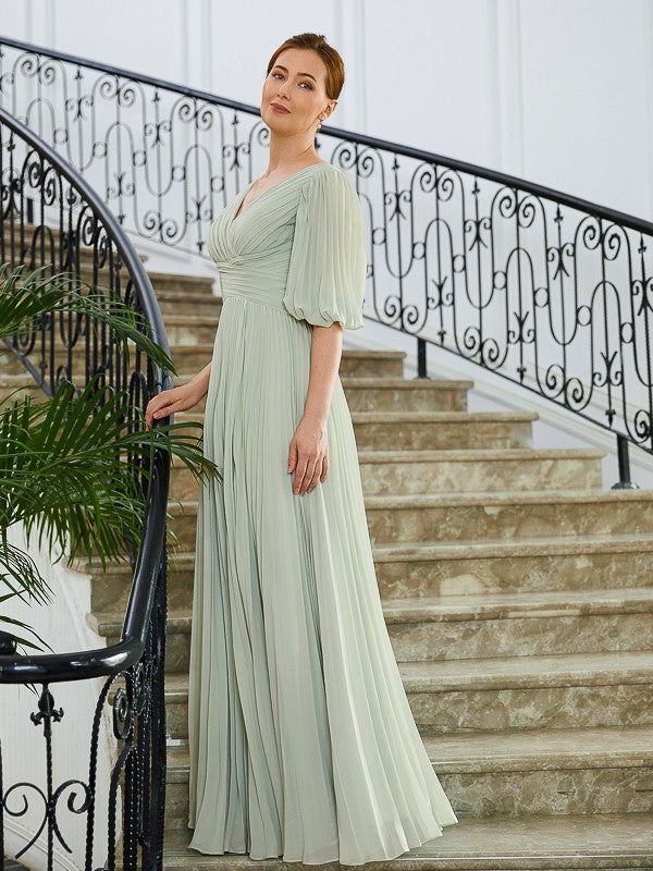 Sanaa A-Line/Princess Chiffon Ruched V-neck 1/2 Sleeves Floor-Length Mother of the Bride Dresses DJP0020271