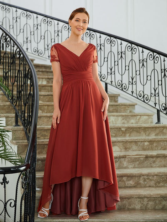 Anne A-Line/Princess Chiffon Ruched V-neck Short Sleeves Asymmetrical Mother of the Bride Dresses DJP0020273
