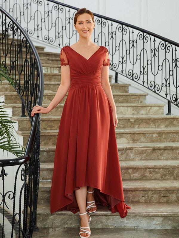 Anne A-Line/Princess Chiffon Ruched V-neck Short Sleeves Asymmetrical Mother of the Bride Dresses DJP0020273