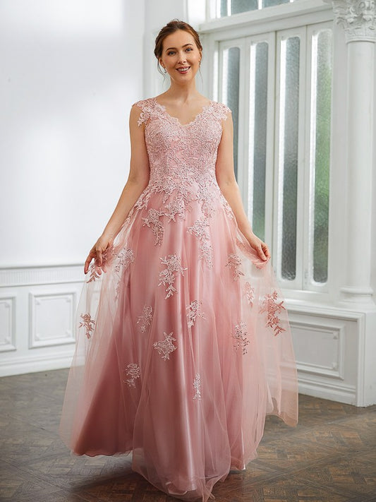Lizeth A-Line/Princess Tulle Applique V-neck Sleeveless Floor-Length Dresses DJP0020264