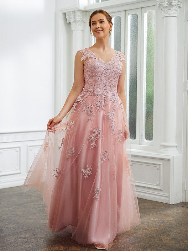 Lizeth A-Line/Princess Tulle Applique V-neck Sleeveless Floor-Length Dresses DJP0020264