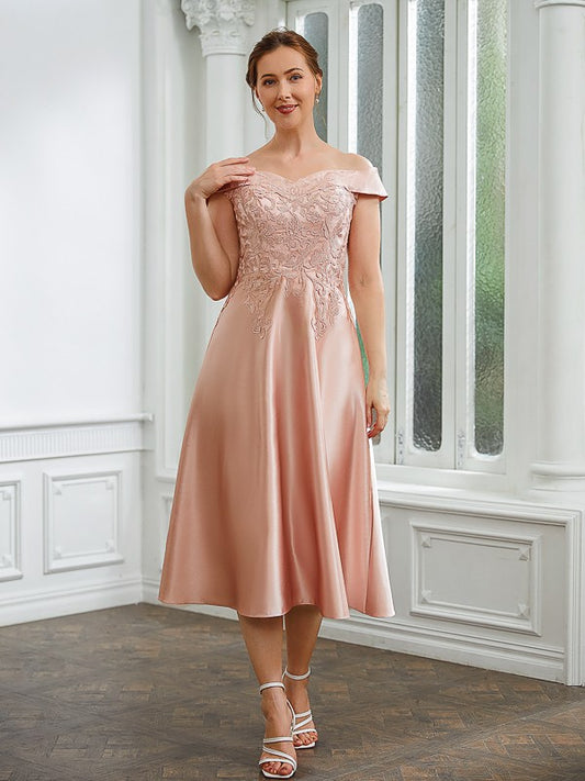 Courtney A-Line/Princess Satin Applique Off-the-Shoulder Sleeveless Tea-Length Mother of the Bride Dresses DJP0020255