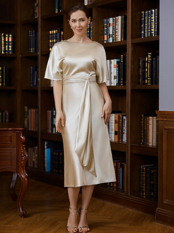 Breanna Sheath/Column Elastic Woven Satin Ruched Scoop Short Sleeves Tea-Length Mother of the Bride Dresses DJP0020242