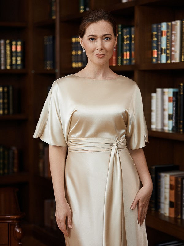 Breanna Sheath/Column Elastic Woven Satin Ruched Scoop Short Sleeves Tea-Length Mother of the Bride Dresses DJP0020242